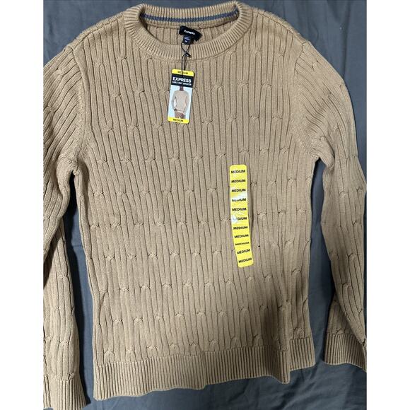 Express Men's 100% Cotton Crew Neck Warm Cable Knit Sweater Pecan Size Medium - Picture 1 of 3